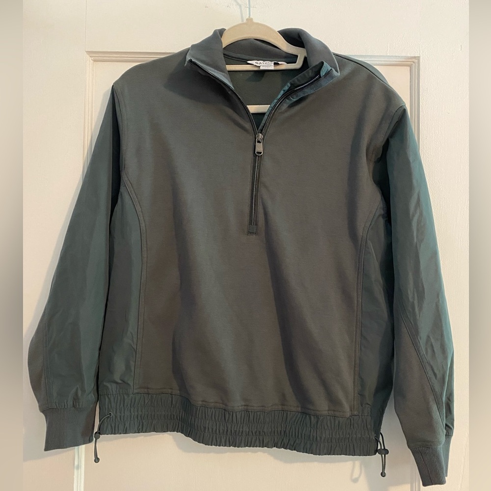 Athleta Cotton Hybrid Waist Cinch Half Zip Sweatshirt Green Athleisure Sz XXS